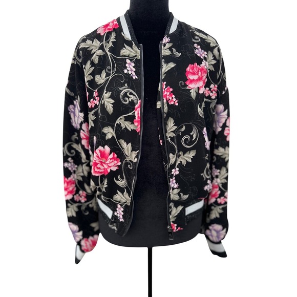 Cotton On Jackets & Blazers - Cotton On Floral Bomber Jacket Black Pink Purple Varsity Trim Zip Up Womens 8